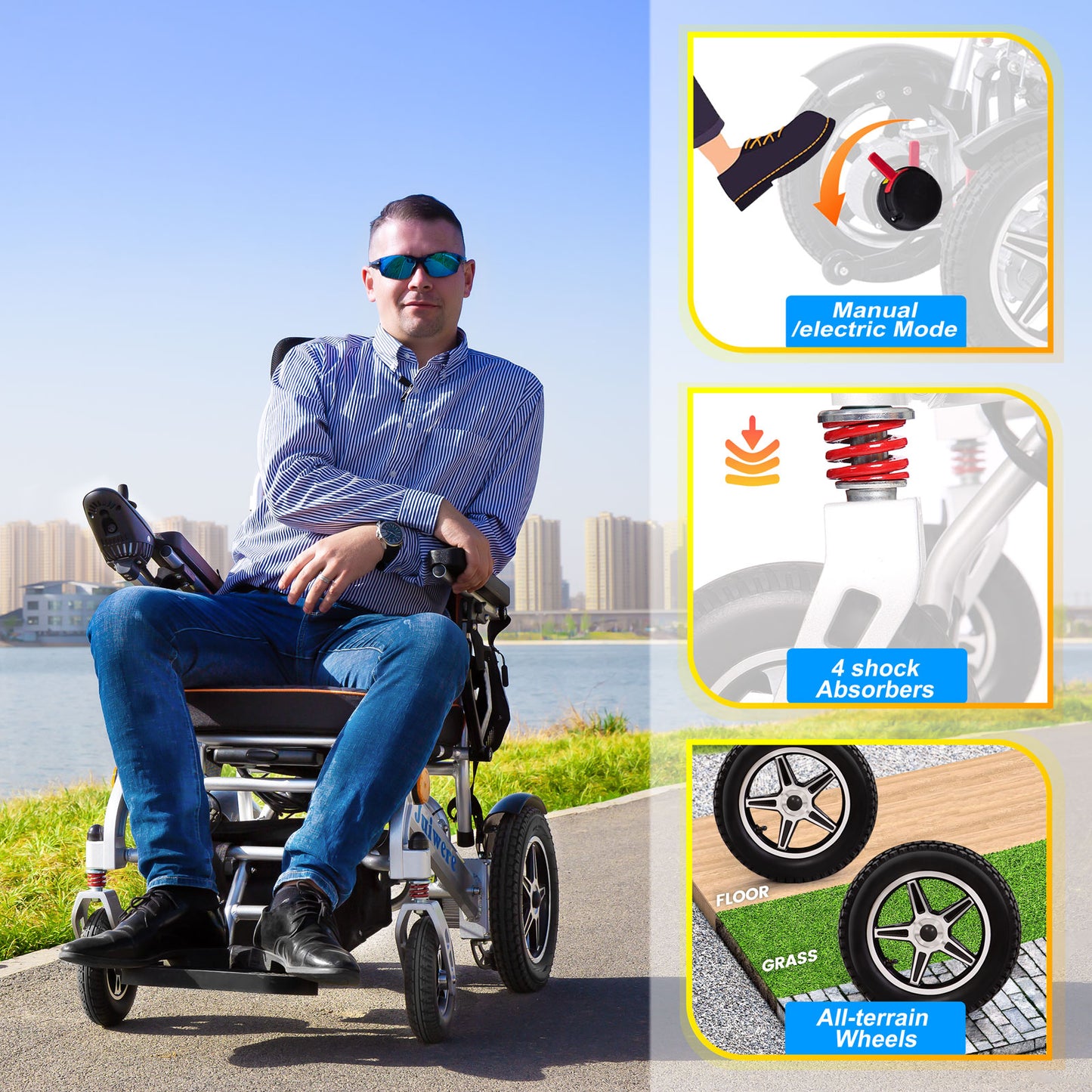 Juiwere Folding Electric Wheelchair,Portable Wheelchair Lightweight Folding,All Terrain Reclining Wheelchairs for Adults,Airline Approved - XL Motor