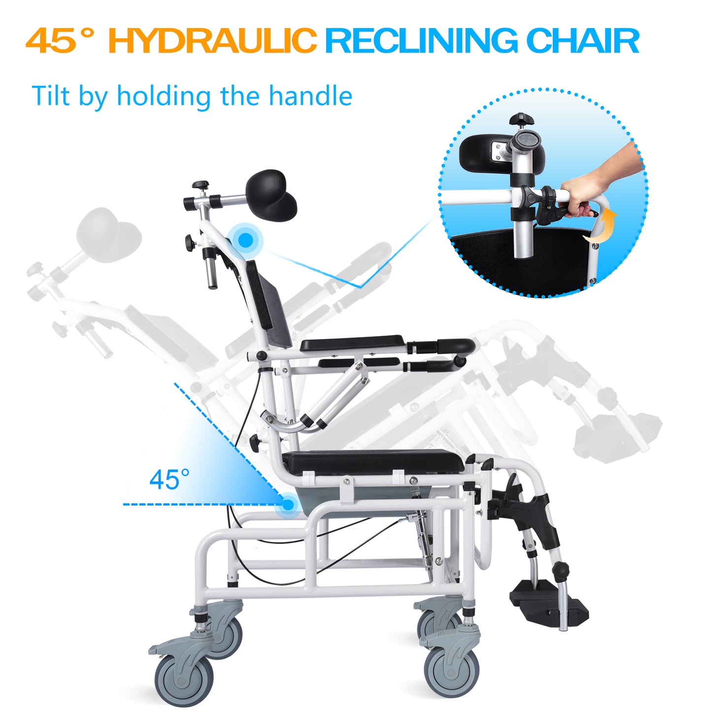 Shower Chair with Arms and Back,Reclining Shower Chair with Wheels,Tilt 45° Shower Wheelchair with Headrest and Bedpan,Bedside Commodes for Seniors,Medical Shower Chairs for Adults