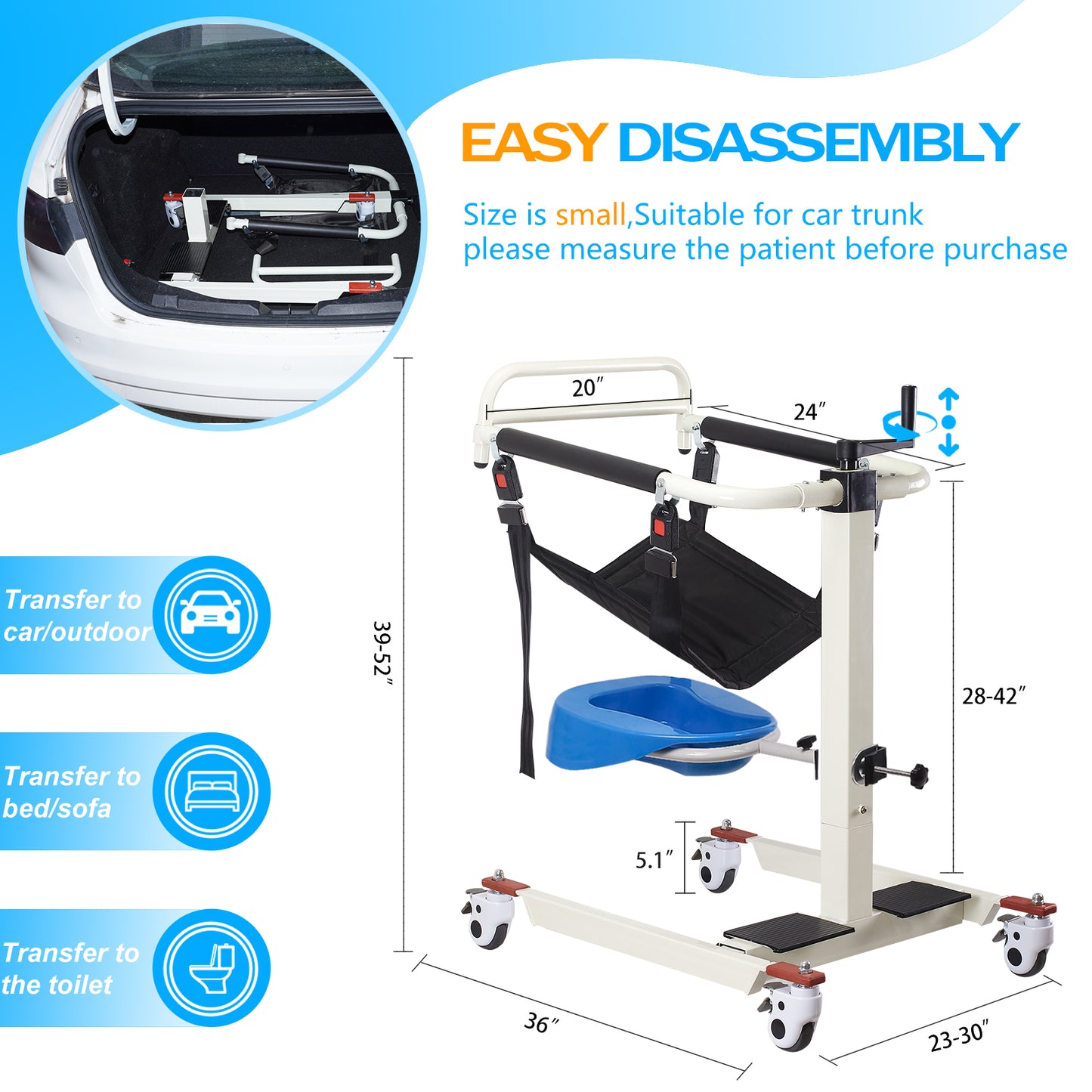 Patient Lift Transfer Chair Wheelchair Lightweight Rolling Shower Chair with Seat Cushions and Potty,Transport Chairs for Seniors,Medical Portable Toilet for Car