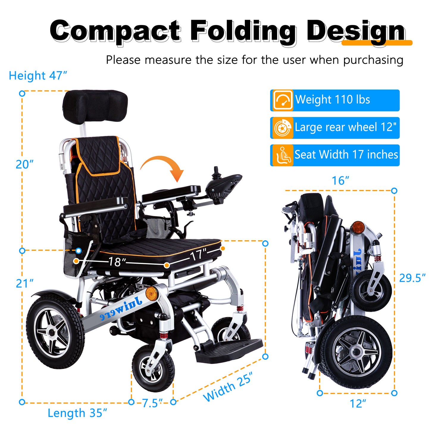 Juiwere Folding Electric Wheelchair,Portable Wheelchair Lightweight Folding,All Terrain Reclining Wheelchairs for Adults,Airline Approved - XL Motor