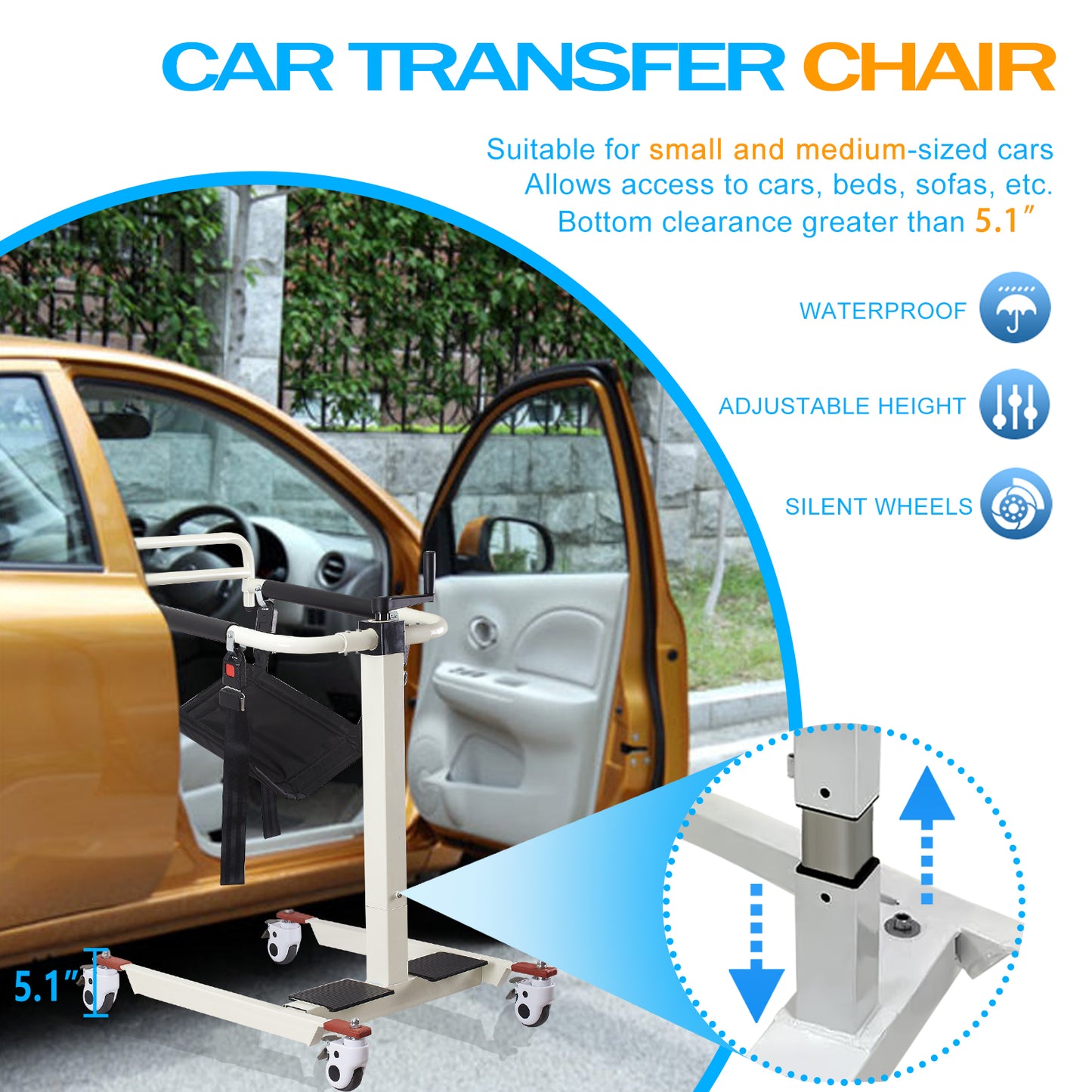 Patient Lift Transfer Chair Wheelchair Lightweight Rolling Shower Chair with Seat Cushions and Potty,Transport Chairs for Seniors,Medical Portable Toilet for Car