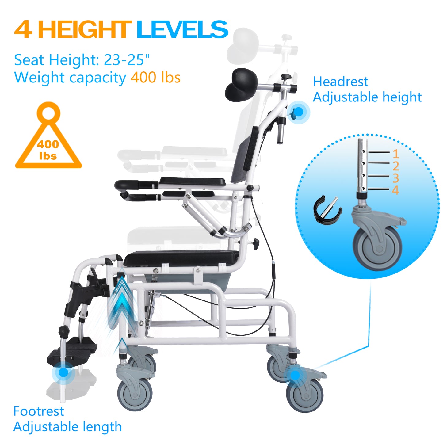 Shower Chair with Arms and Back,Reclining Shower Chair with Wheels,Tilt 45° Shower Wheelchair with Headrest and Bedpan,Bedside Commodes for Seniors,Medical Shower Chairs for Adults