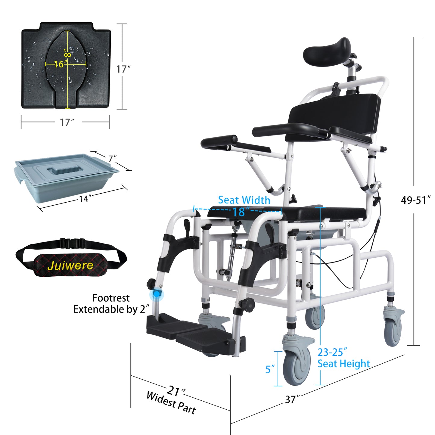 Shower Chair with Arms and Back,Reclining Shower Chair with Wheels,Tilt 45° Shower Wheelchair with Headrest and Bedpan,Bedside Commodes for Seniors,Medical Shower Chairs for Adults