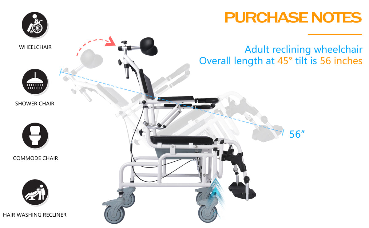 Shower Chair with Arms and Back,Reclining Shower Chair with Wheels,Tilt 45° Shower Wheelchair with Headrest and Bedpan,Bedside Commodes for Seniors,Medical Shower Chairs for Adults