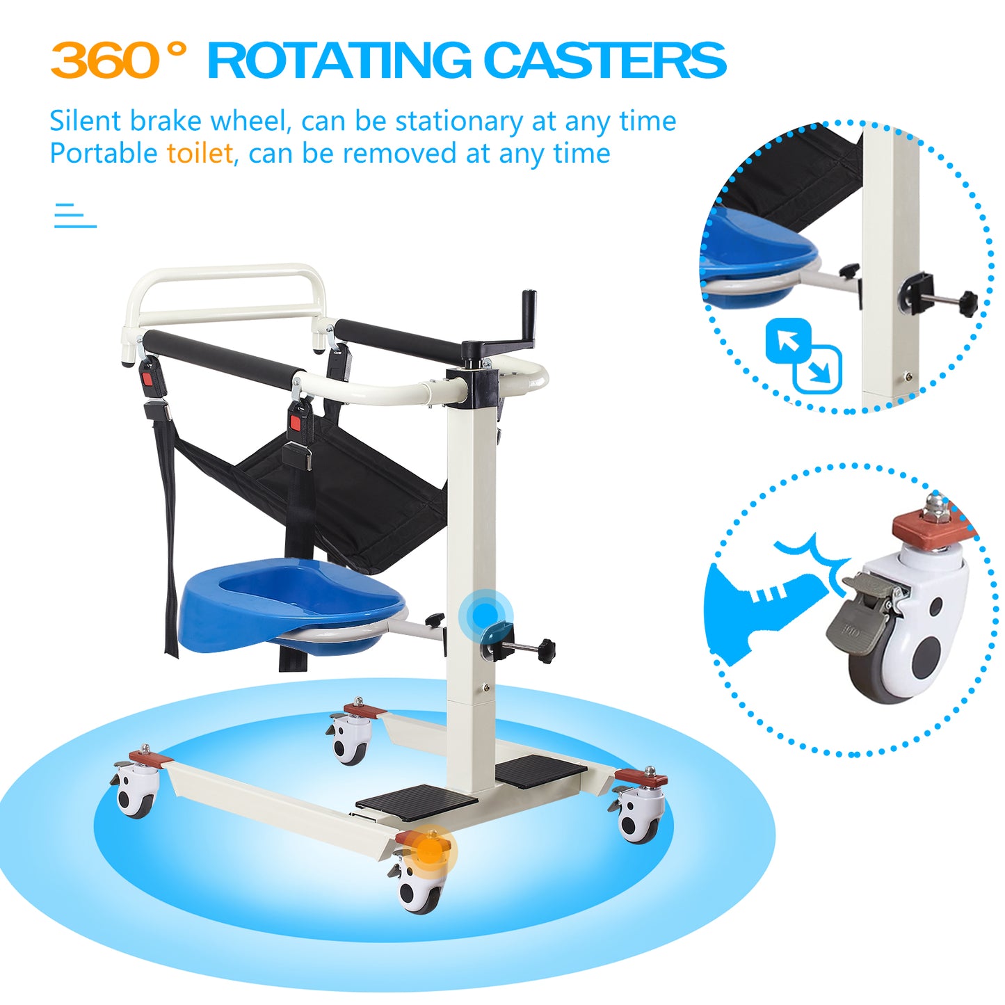 Patient Lift Transfer Chair Wheelchair Lightweight Rolling Shower Chair with Seat Cushions and Potty,Transport Chairs for Seniors,Medical Portable Toilet for Car